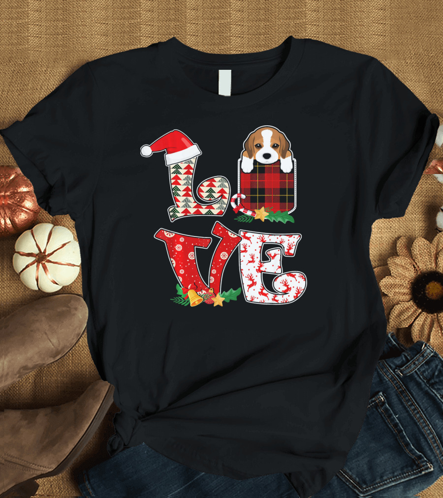 LOVE Beagle Dog Christmas Pocket Santa Hat T-Shirt