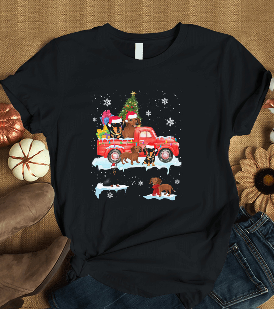 Christmas Dachshund Dogs with Santa Hats on Red Truck with Snowflakes and Christmas Tree T-Shirt