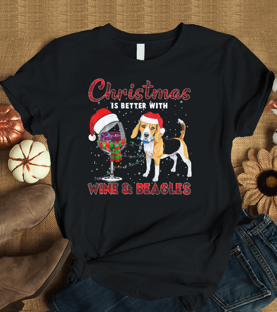 Christmas Is Better With Wine and Beagles Santa Hat Lights T-Shirt