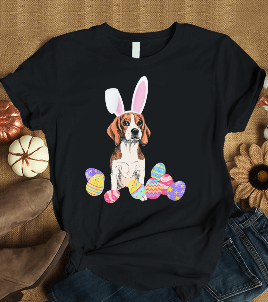 Beagle Wearing Bunny Rabbit Ears Surrounded by Colorful Easter Eggs T-Shirt