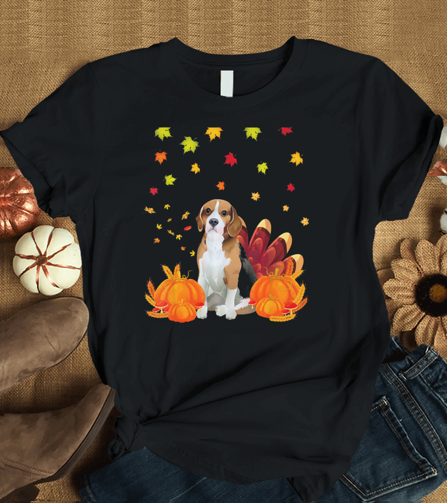 Thanksgiving Beagle with Turkey Tail and Pumpkins Surrounded by Falling Leaves T-Shirt