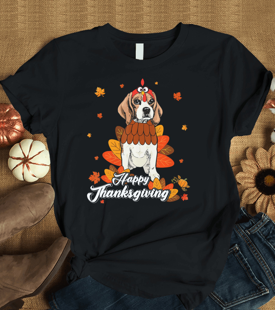 Happy Thanksgiving Beagle with Fall Leaves and Turkey Costume T-Shirt