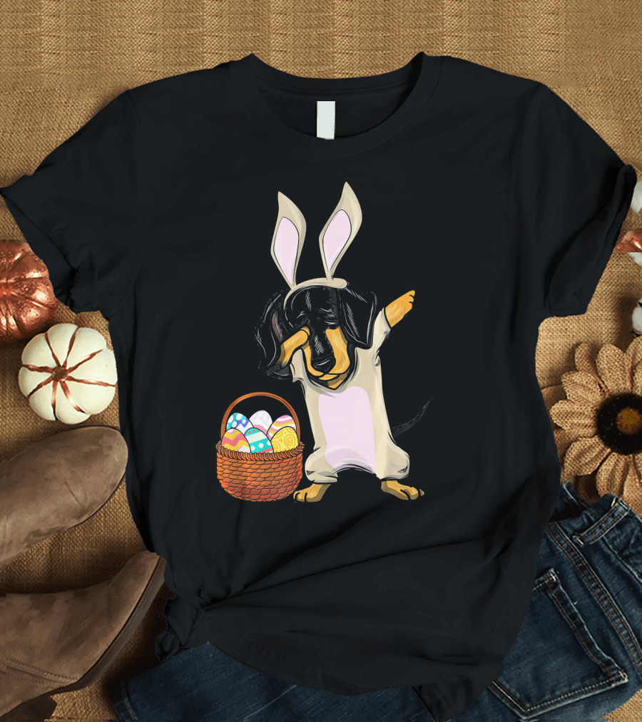Dabbing Easter Bunny Dachshund Doxie with Basket of Eggs T-Shirt