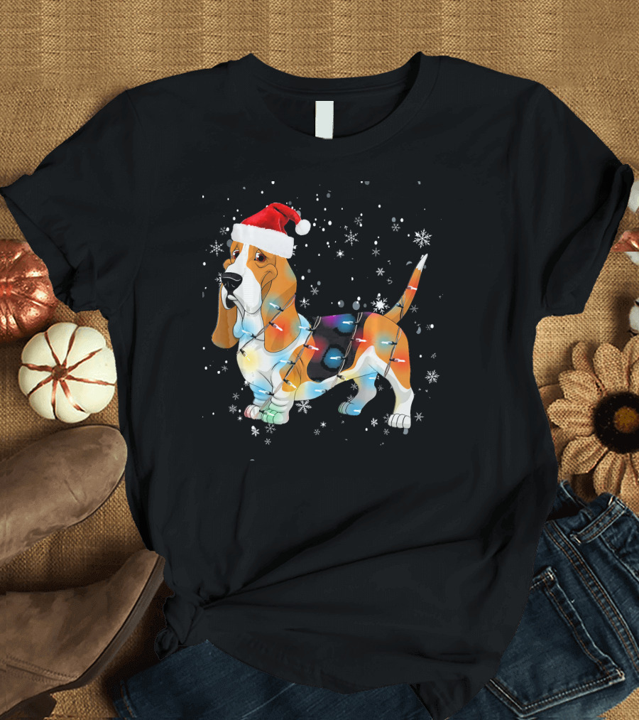 Beagle with Christmas Lights Santa Hat Funny Xmas Dog T-Shirt