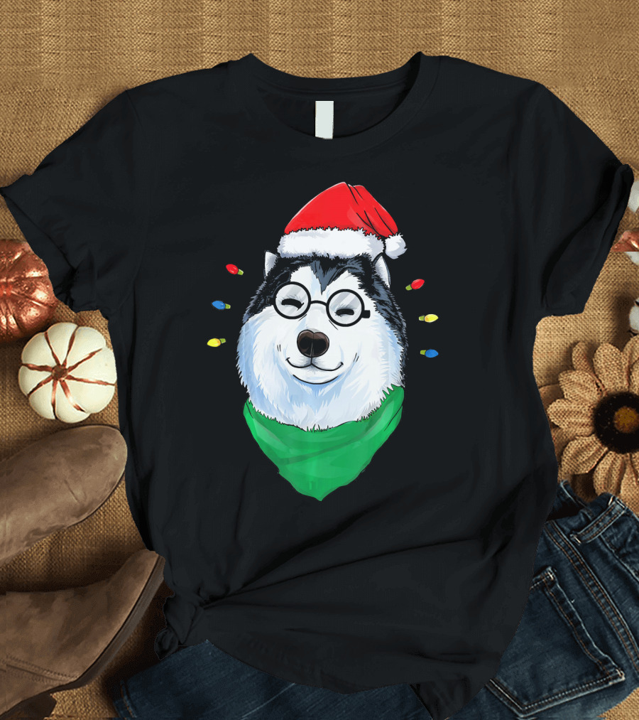 Siberian Husky with Santa Hat and Christmas Lights T-Shirt