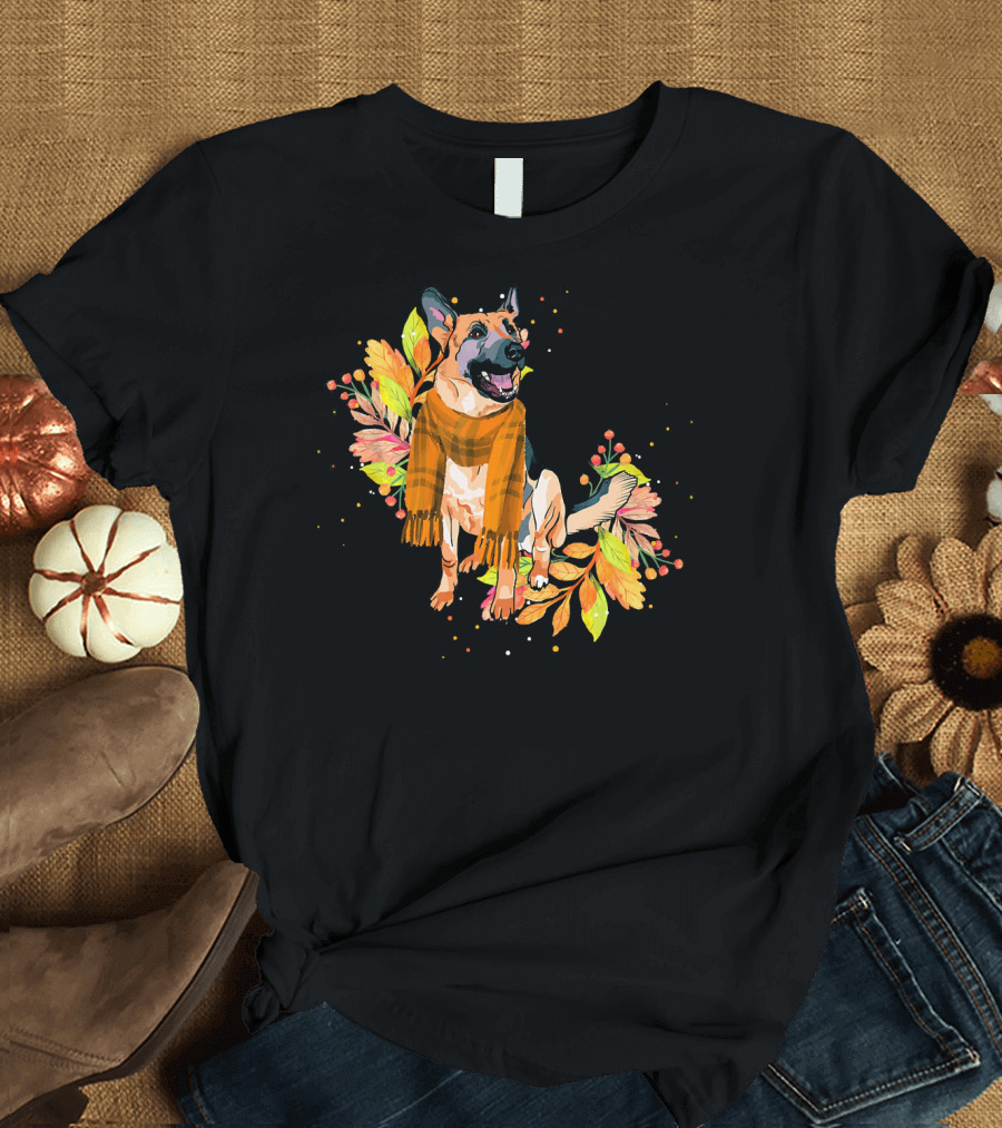 Cute German Shepherd Dog Autumn Leaves Scarf T-Shirt