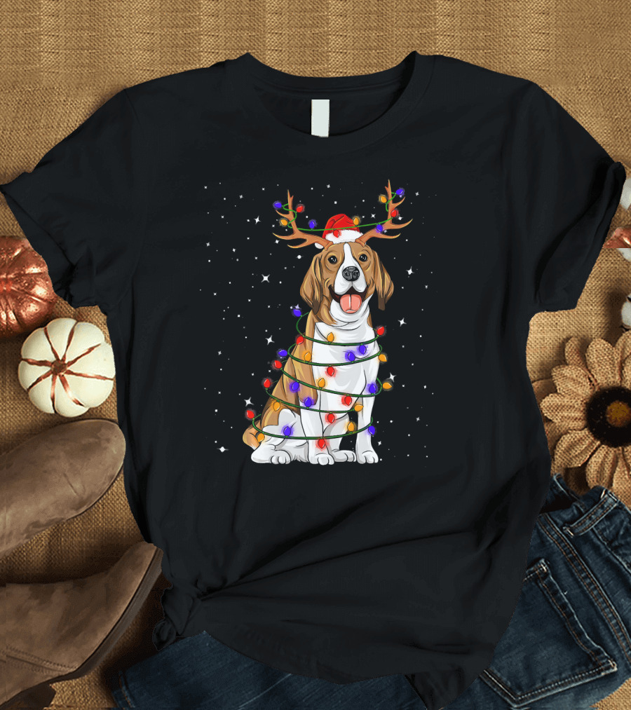 Beagle Wrapped in Colorful Christmas Lights with Reindeer Antlers and Santa Hat in Starry Night T-Shirt
