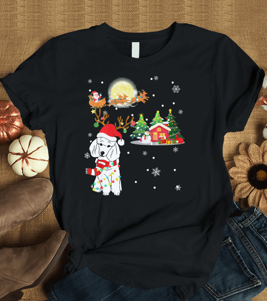 Santa's Poodle Reindeer in Christmas Wonderland with Snowflakes and Festive Trees T-Shirt