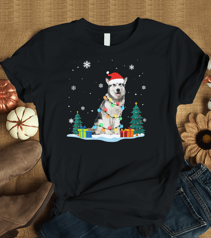 Christmas Siberian Husky with Santa Hat Lights Trees and Snowflakes T-Shirt