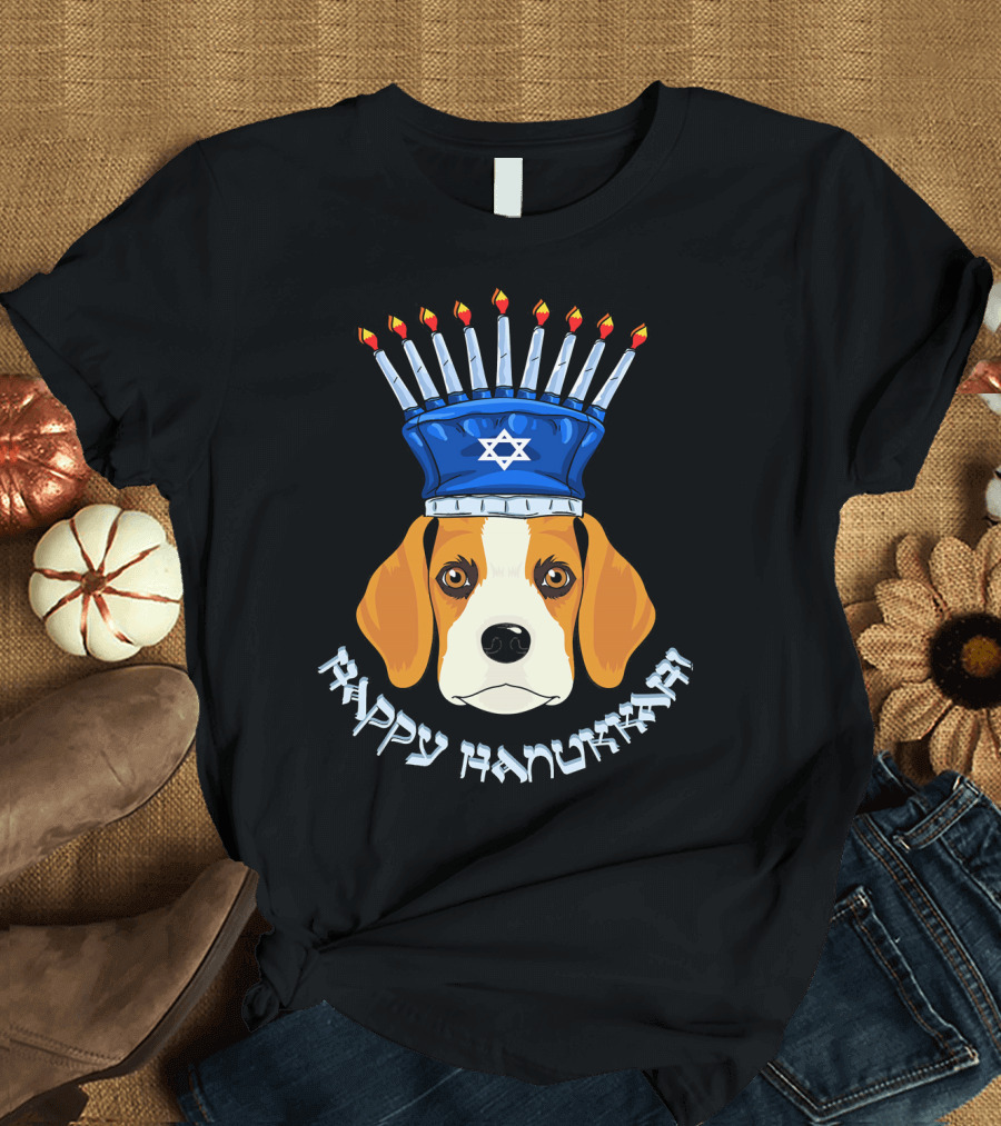 Happy Hanukkah Beagle Menorah Star of David Hat T-Shirt