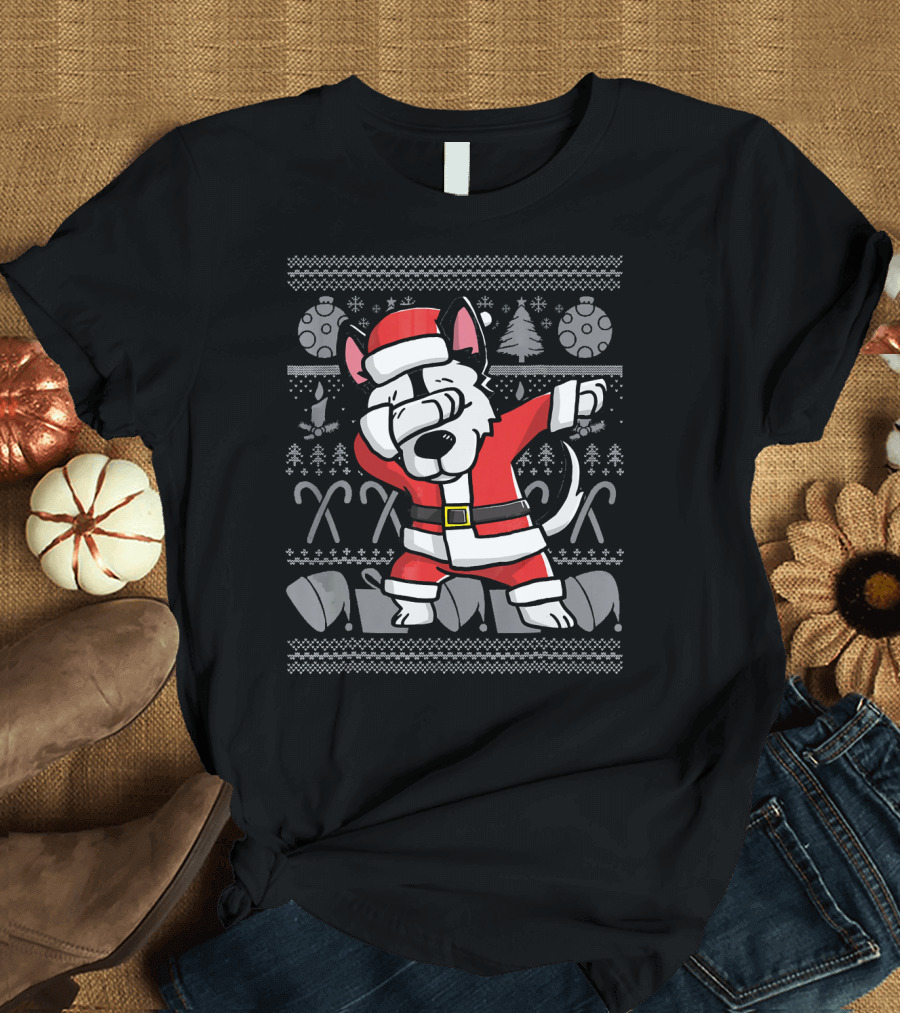 Dabbing Husky Dog Santa Christmas T-Shirt
