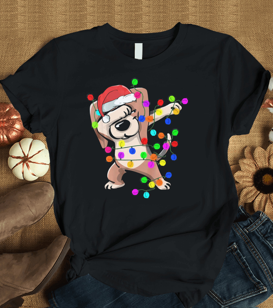 Dabbing Beagle Wrapped in Colorful Christmas Lights with Santa Hat T-Shirt