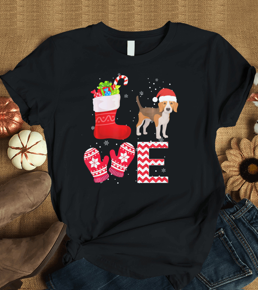 Christmas Beagle Lover Beagle Santa Hat Snow Presents Stocking Mitten T-Shirt