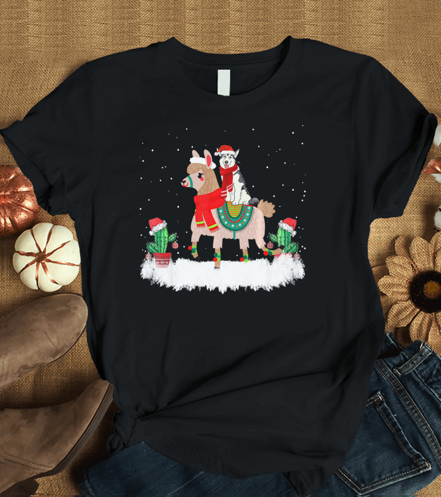 Cute Husky Riding Llama Christmas Winter Scene with Festive Cactus T-Shirt