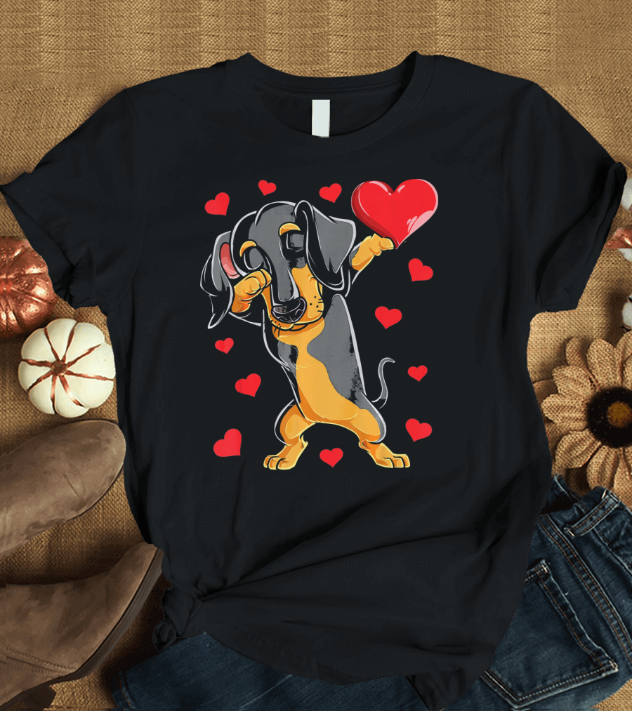 Dabbing Dachshund Holding Heart Surrounded by Valentines Day Hearts T-Shirt