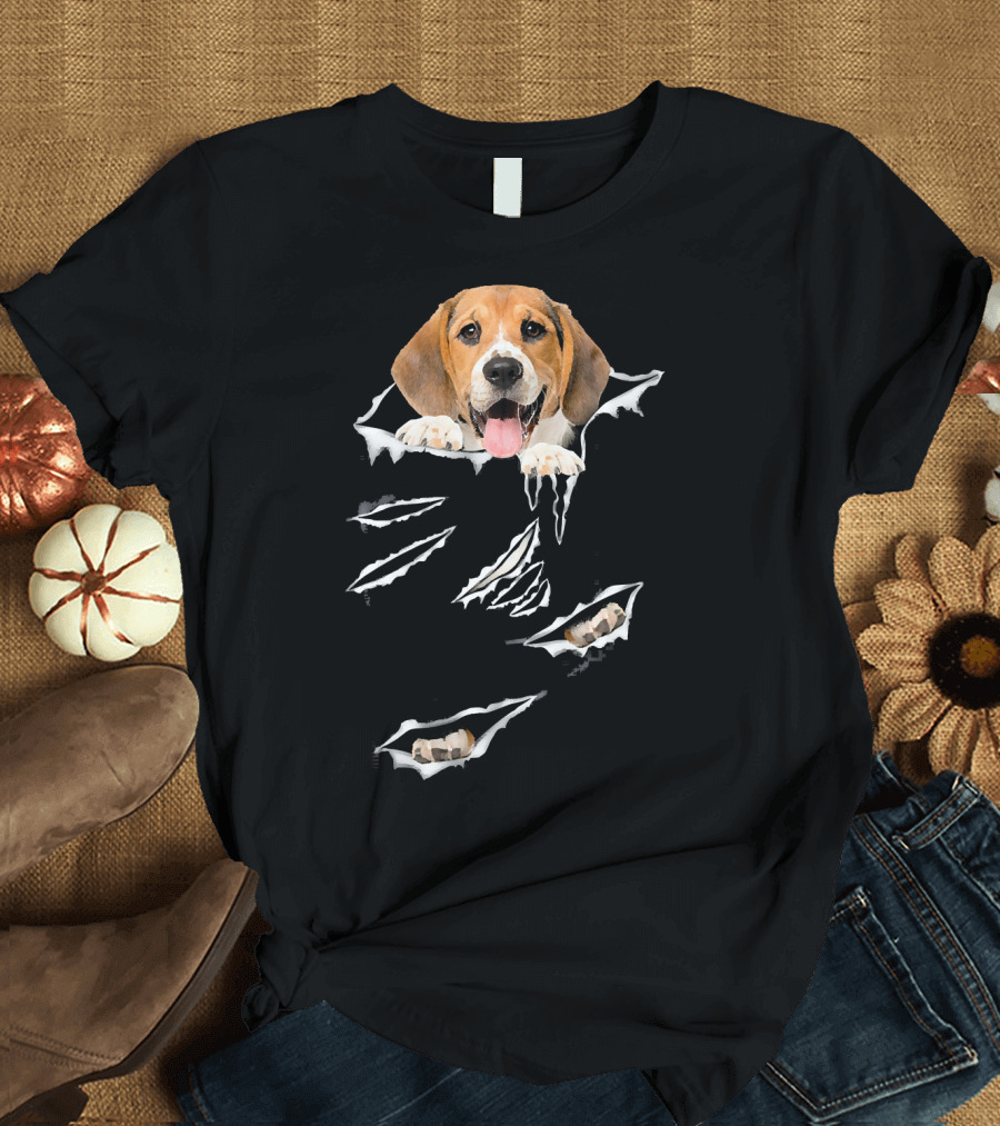 Beagle Scratch Torn with Beagle Head and Paw Peeking Through Tear Marks T-Shirt