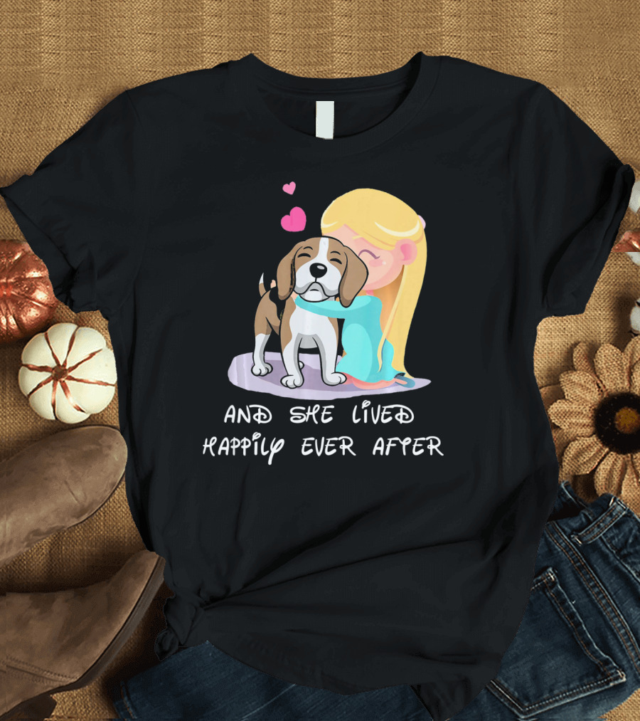 And She Lived Happily Ever After Beagle Hug and Hearts T-Shirt