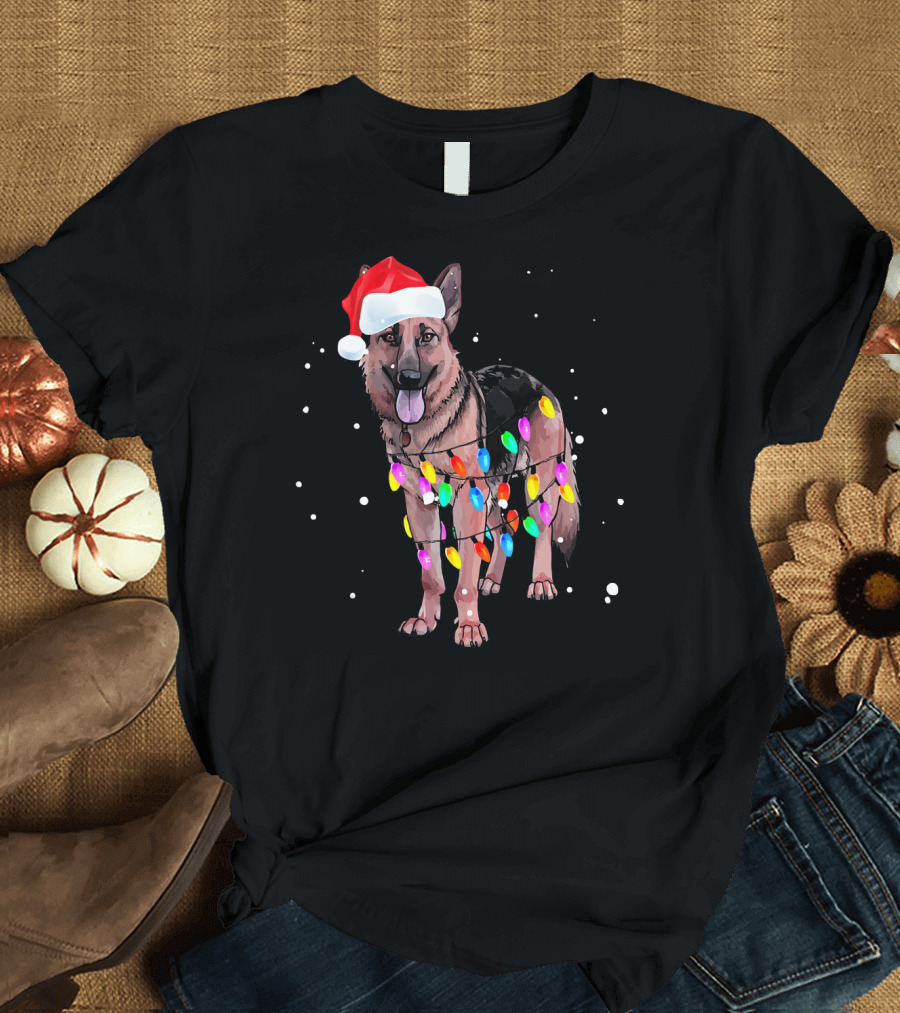 German Shepherd with Christmas Lights and Santa Hat T-Shirt