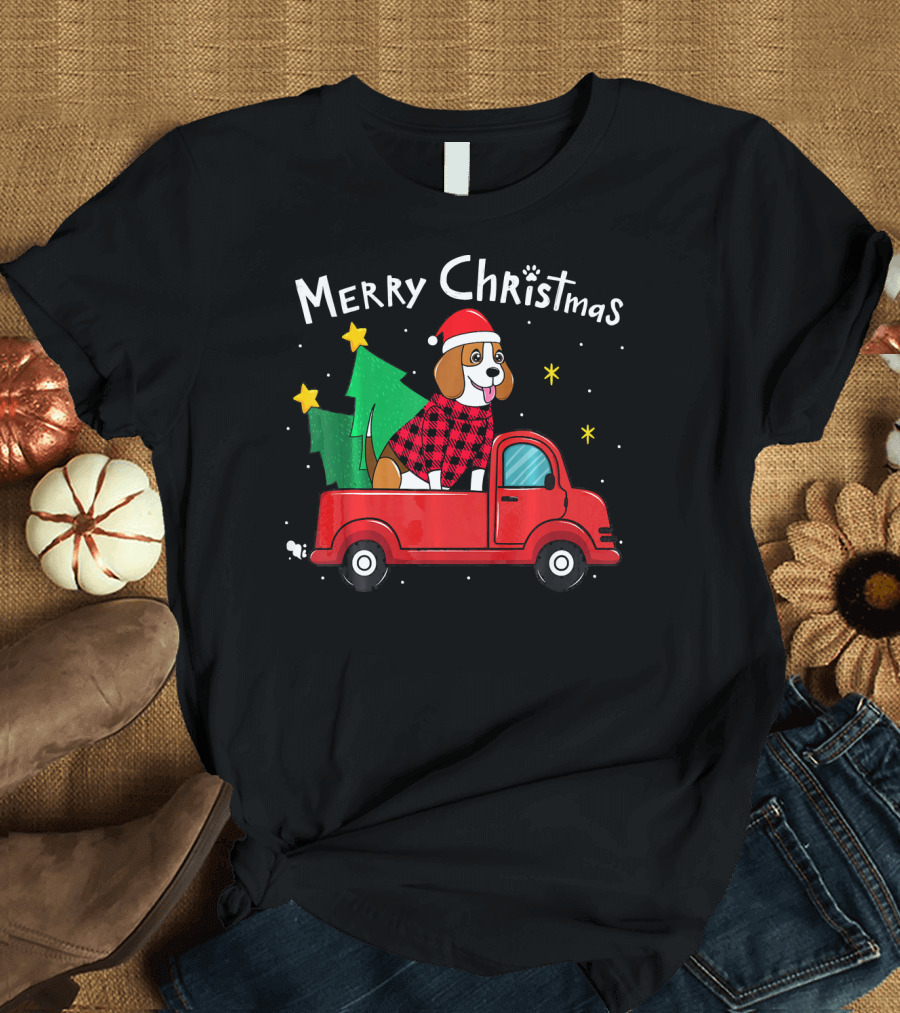 Merry Christmas Beagle in Red Truck with Tree and Stars T-Shirt