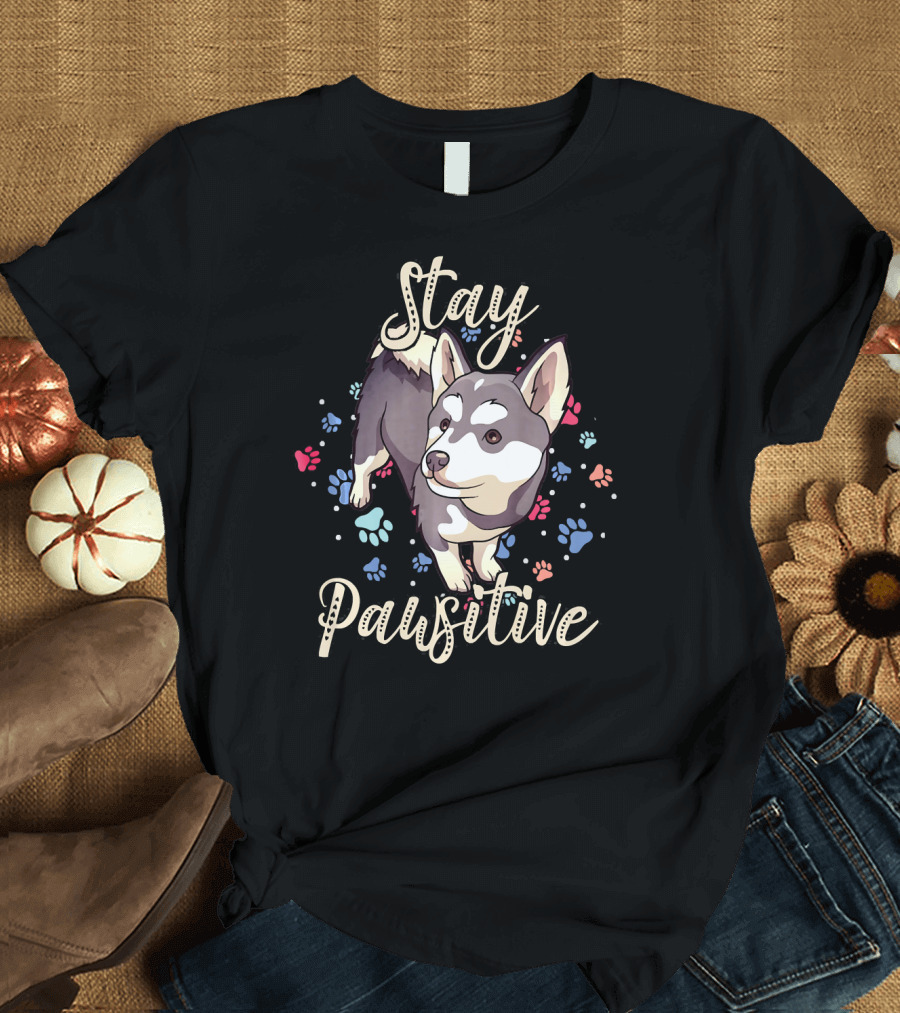 Stay Pawsitive Cute Pomsky with Colorful Paw Prints T-Shirt