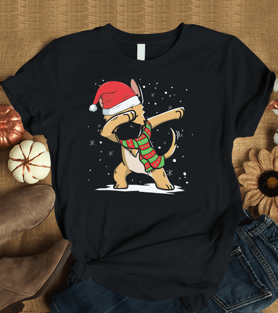 Dabbing German Shepherd Santa Hat Christmas Snowflakes T-Shirt