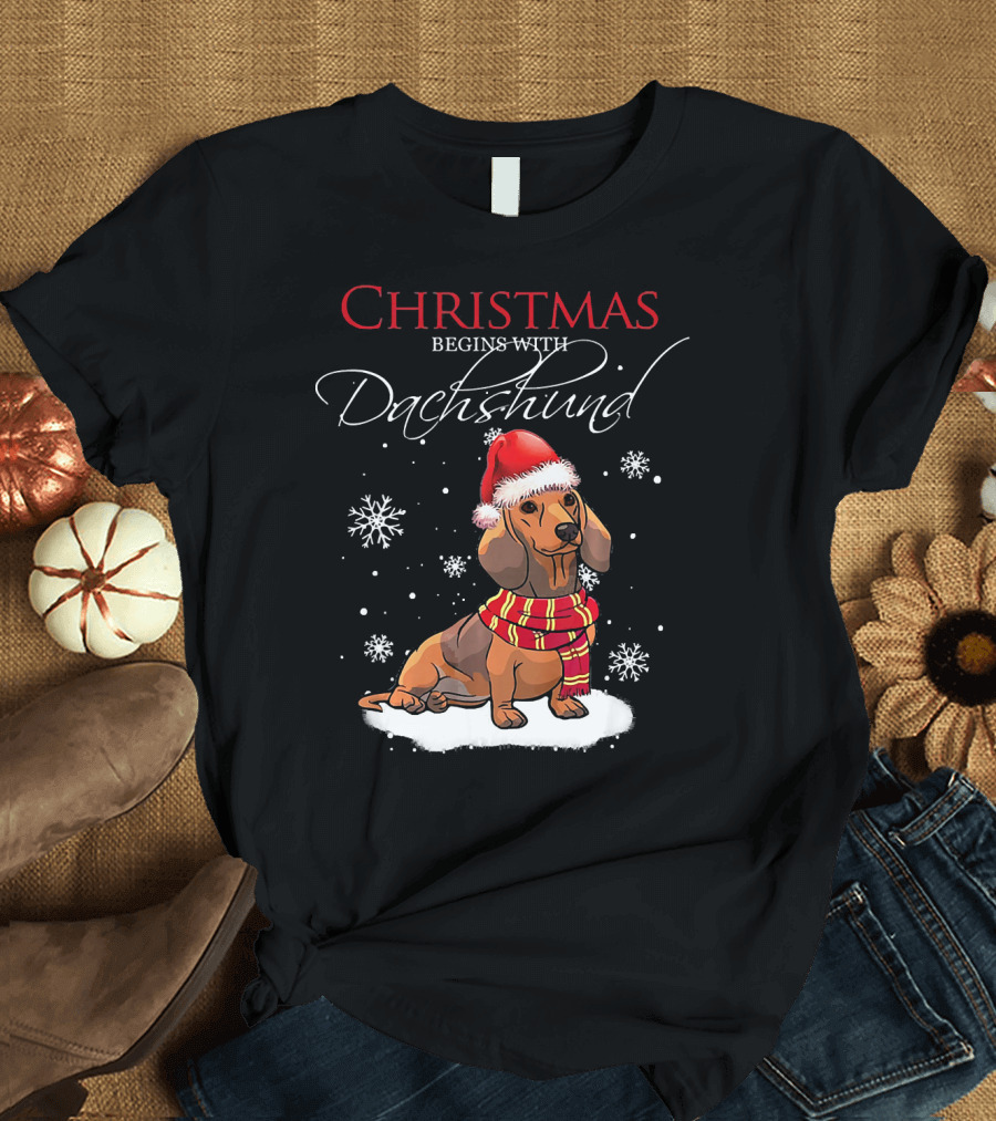Christmas Begins With Dachshund Santa Hat Scarf Snowflakes T-Shirt
