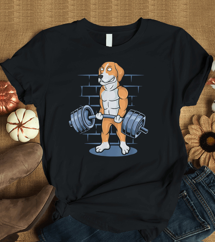 Beagle Lifting Weights Fitness Gym Cartoon T-Shirt