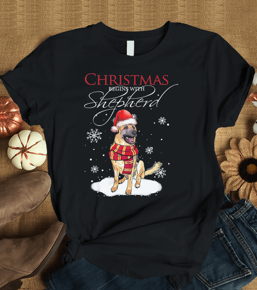 Christmas Begins With Shepherd Snowflakes Santa Hat T-Shirt