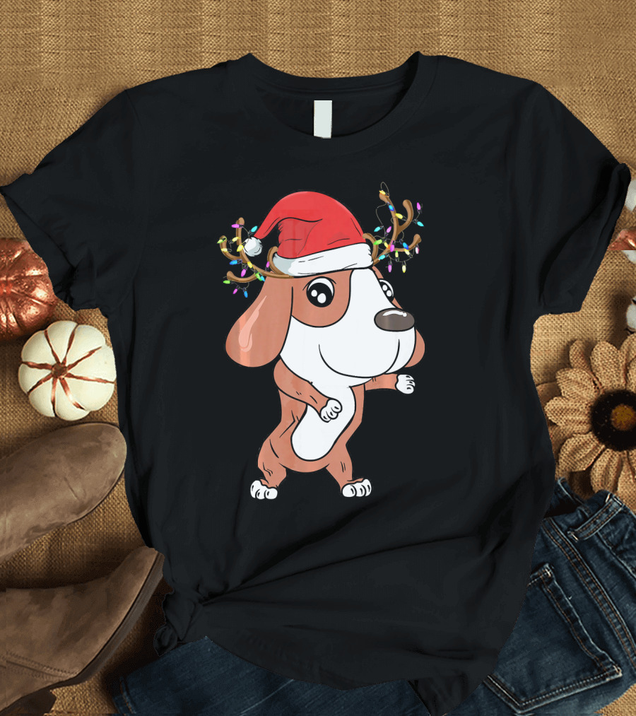 Beagle with Santa Hat and Christmas Lights on Reindeer Antlers T-Shirt