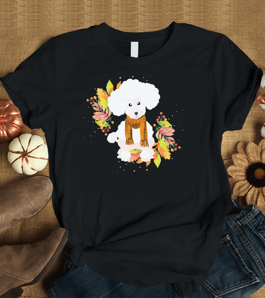 Cute Poodle Dog Autumn Leaves Cozy Scarf T-Shirt