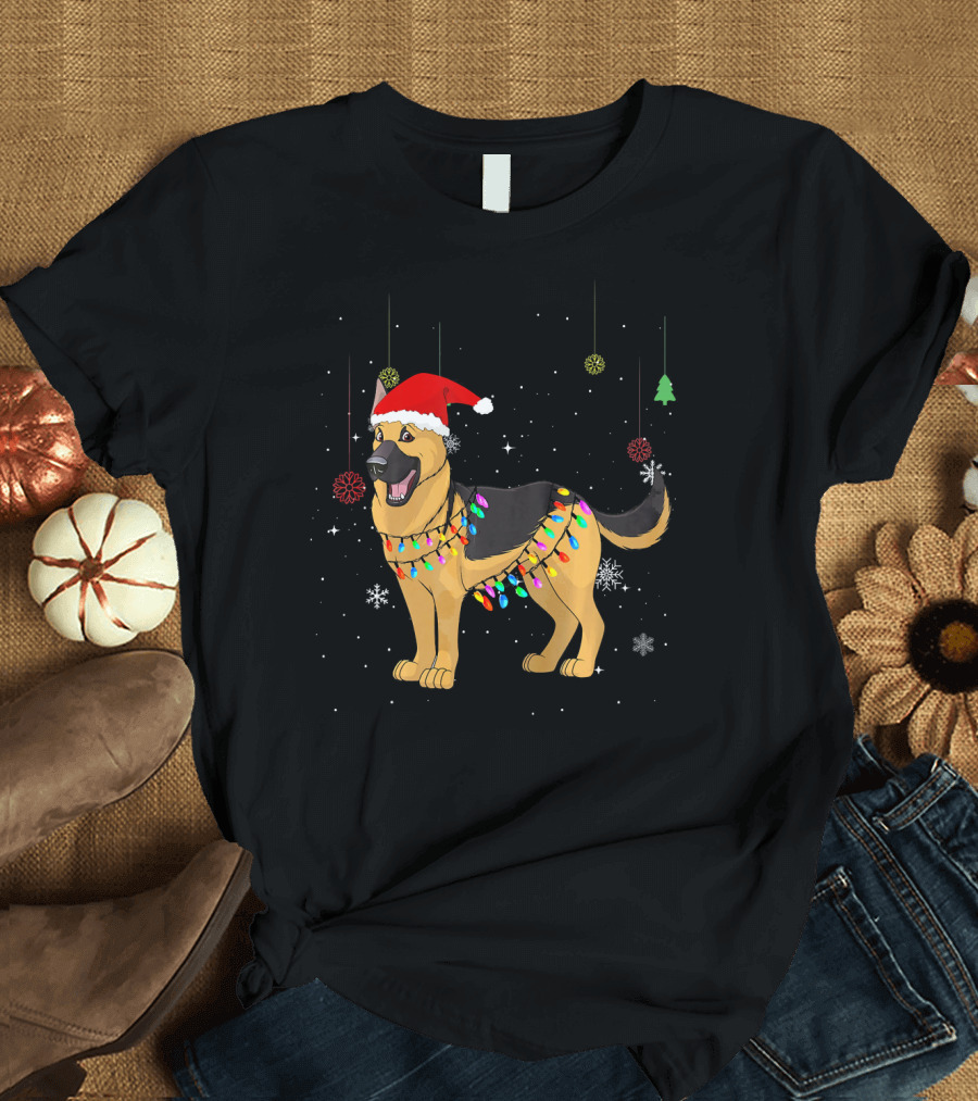Christmas German Shepherd Dog with Santa Hat and Holiday Lights T-Shirt