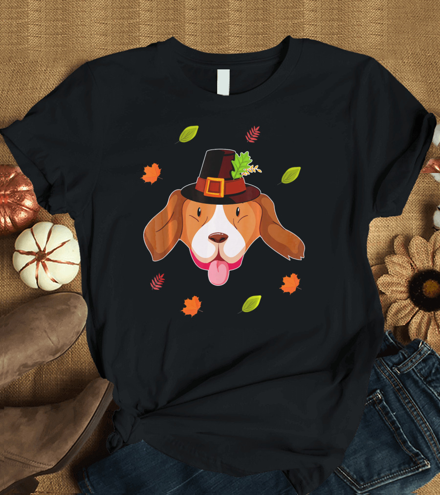 Cute Beagle in Pilgrim Hat with Autumn Leaves T-Shirt