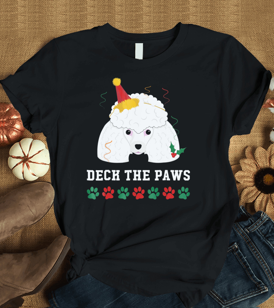 Deck The Paws Christmas Dog Poodle Party Hat Paw Prints Holiday T-Shirt
