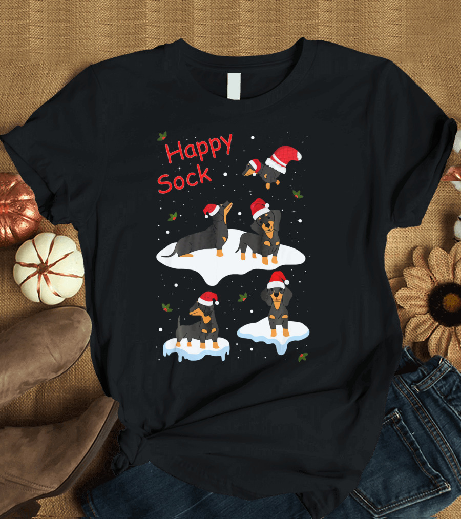 Happy Sock Dachshund Christmas Dach in Santa Hats T-Shirt