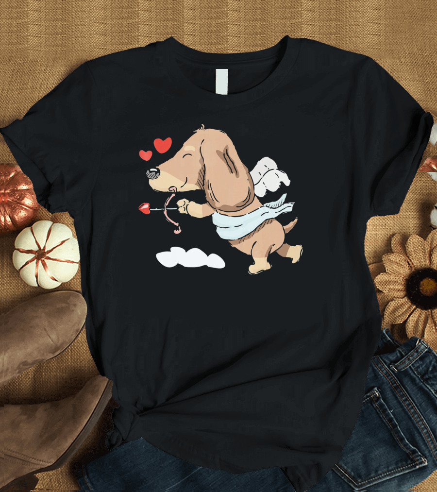 Funny Cupid Dachshund Valentine's Day with Hearts and Bow T-Shirt