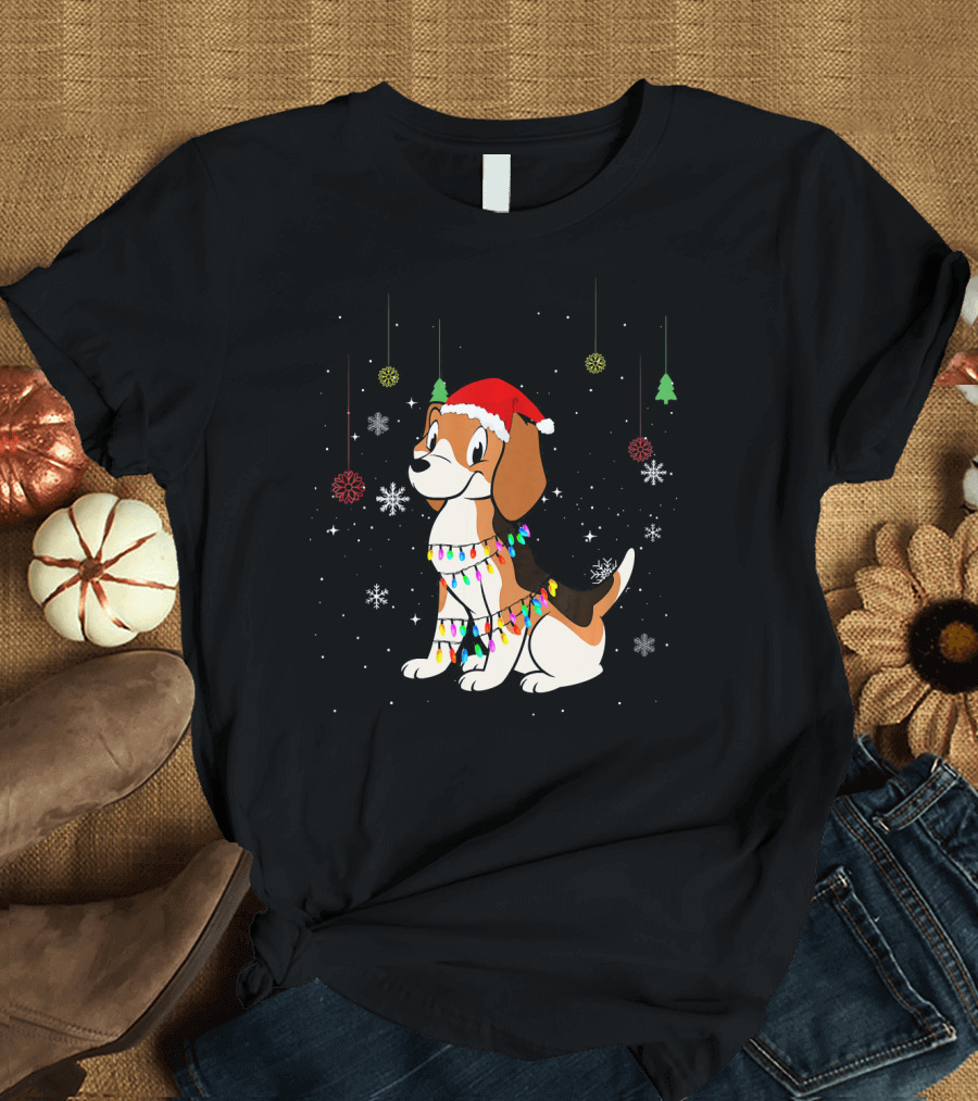 Cute Beagle Christmas Hat Festive Dog with Lights and Snowflakes T-Shirt