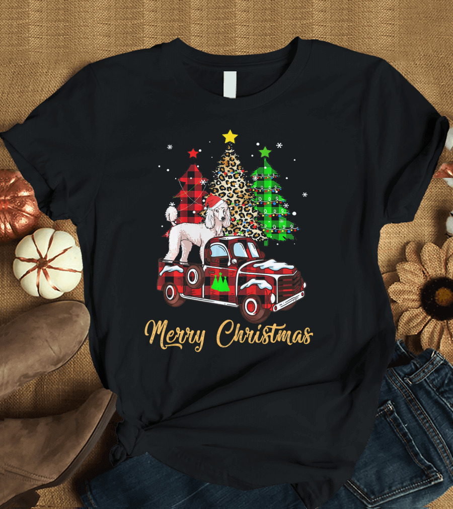 Merry Christmas Funny Poodle Red Plaid Truck T-Shirt