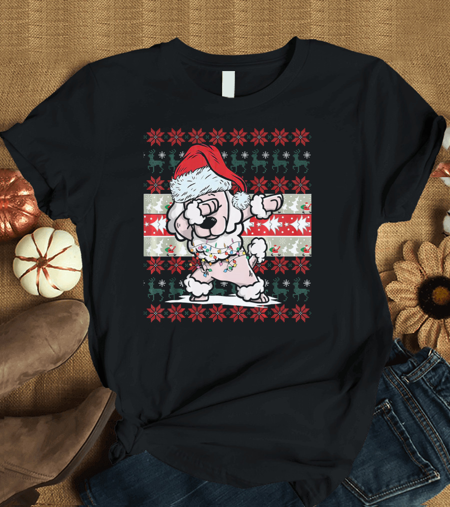 Dabbing Poodle Santa Hat Christmas Lights Ugly T-Shirt