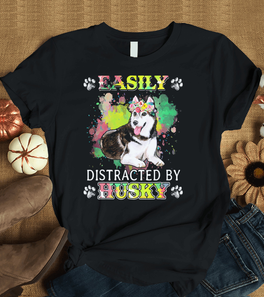 Easily Distracted by Husky with Colorful Flower Crown Paw Prints and Paint Splash Background T-Shirt