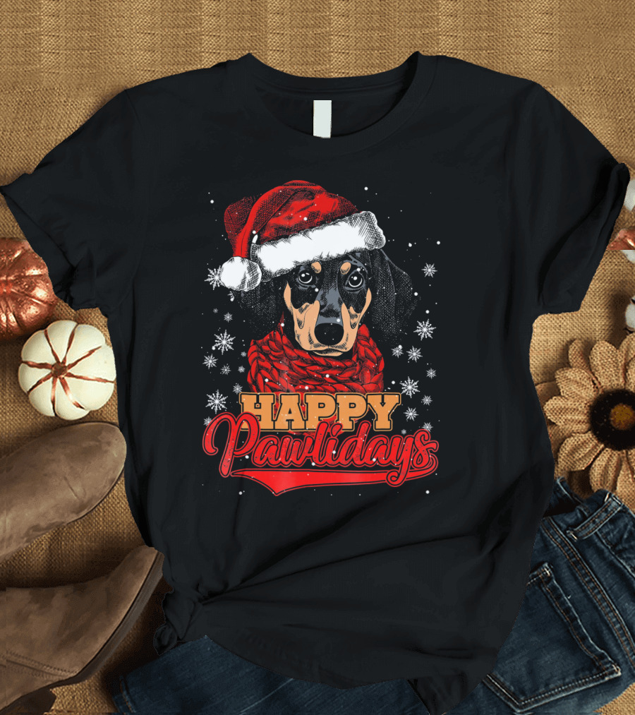 Funny Cute Dachshund Happy Pawlidays Christmas Santa Hat Snowflakes T-Shirt