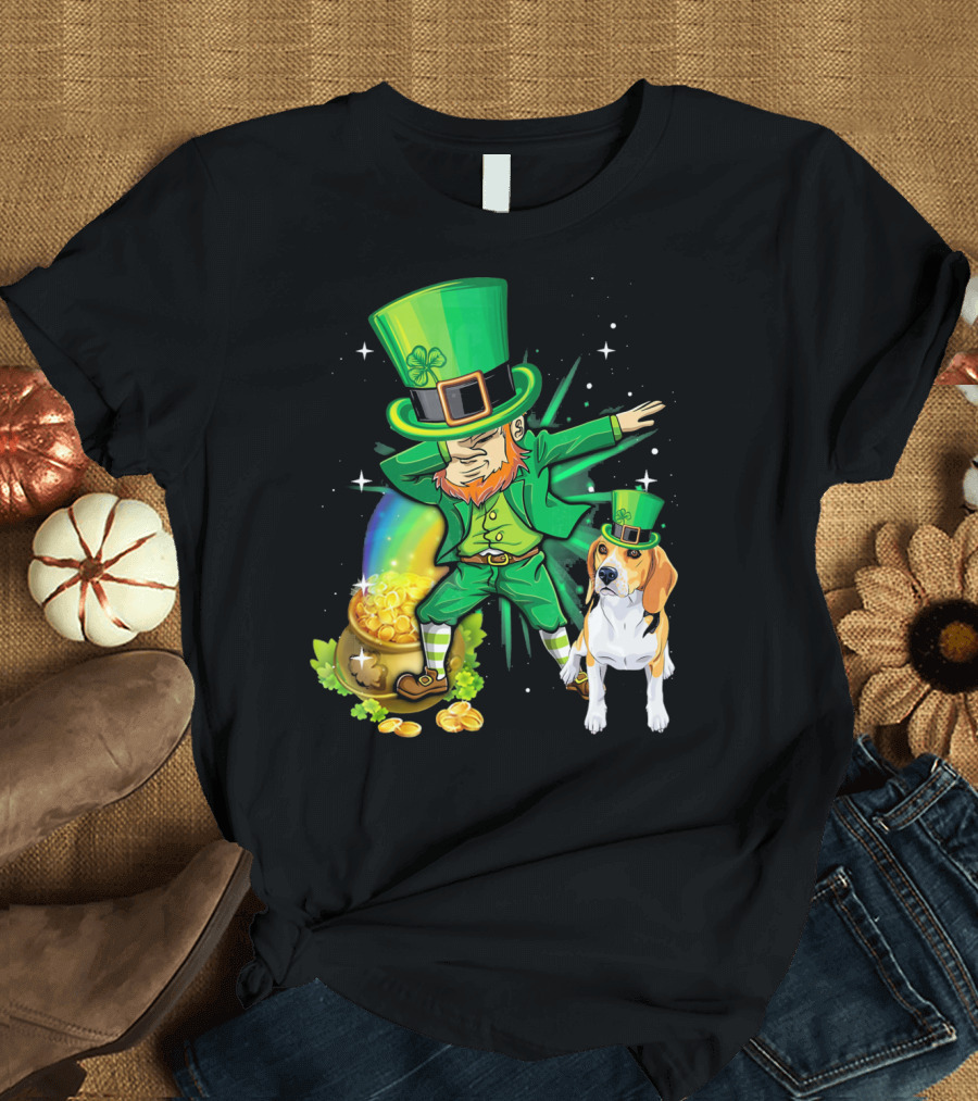 Dabechaun Beagle Leprechaun Green Pot of Gold Rainbow T-Shirt