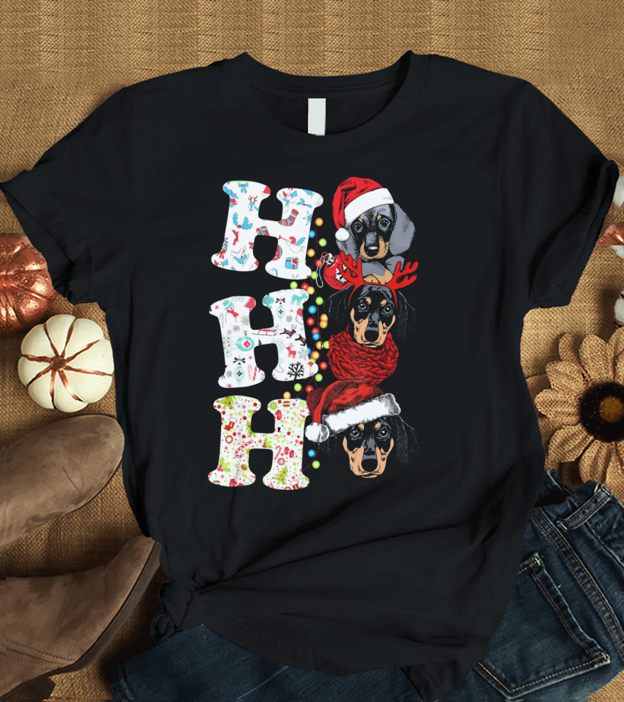 Funny Dachshund Christmas Ho Ho Ho Puppy with Santa Hat and Reindeer Antlers T-Shirt