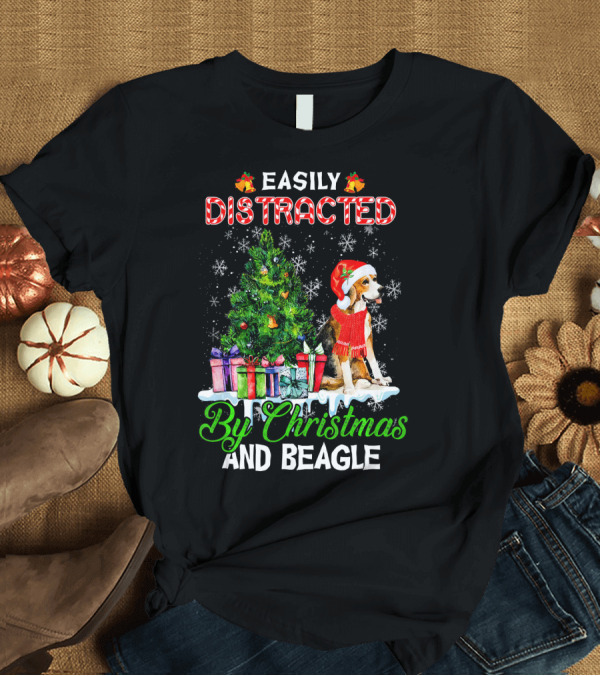 T-Shirt: Easily Distracted By Christmas Tree, Gifts, and Beagle Wearing Santa Hat T-Shirt Easily Distracted By Christmas Tree, Gifts, and Beagle Wearing Santa Hat T-Shirt