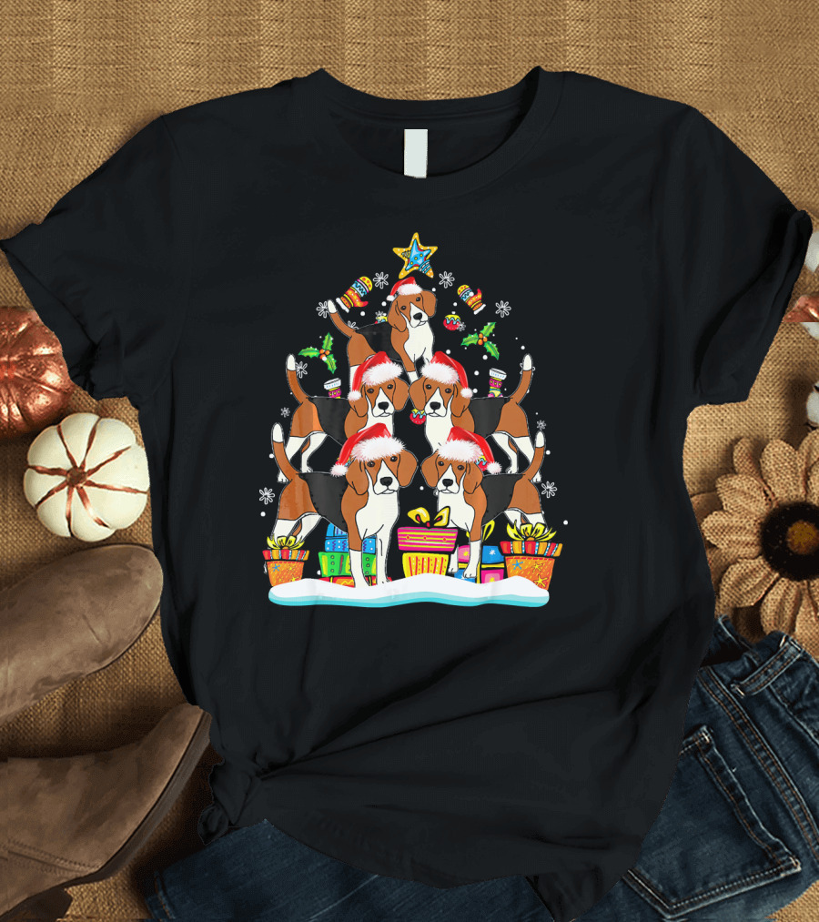 Funny Beagle Christmas Tree Ornament with Santa Hats and Gifts T-Shirt