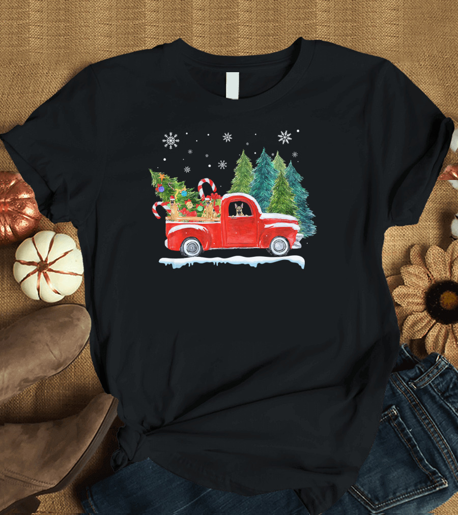 Funny German Shepherd with Red Truck and Snowflakes Christmas T-Shirt
