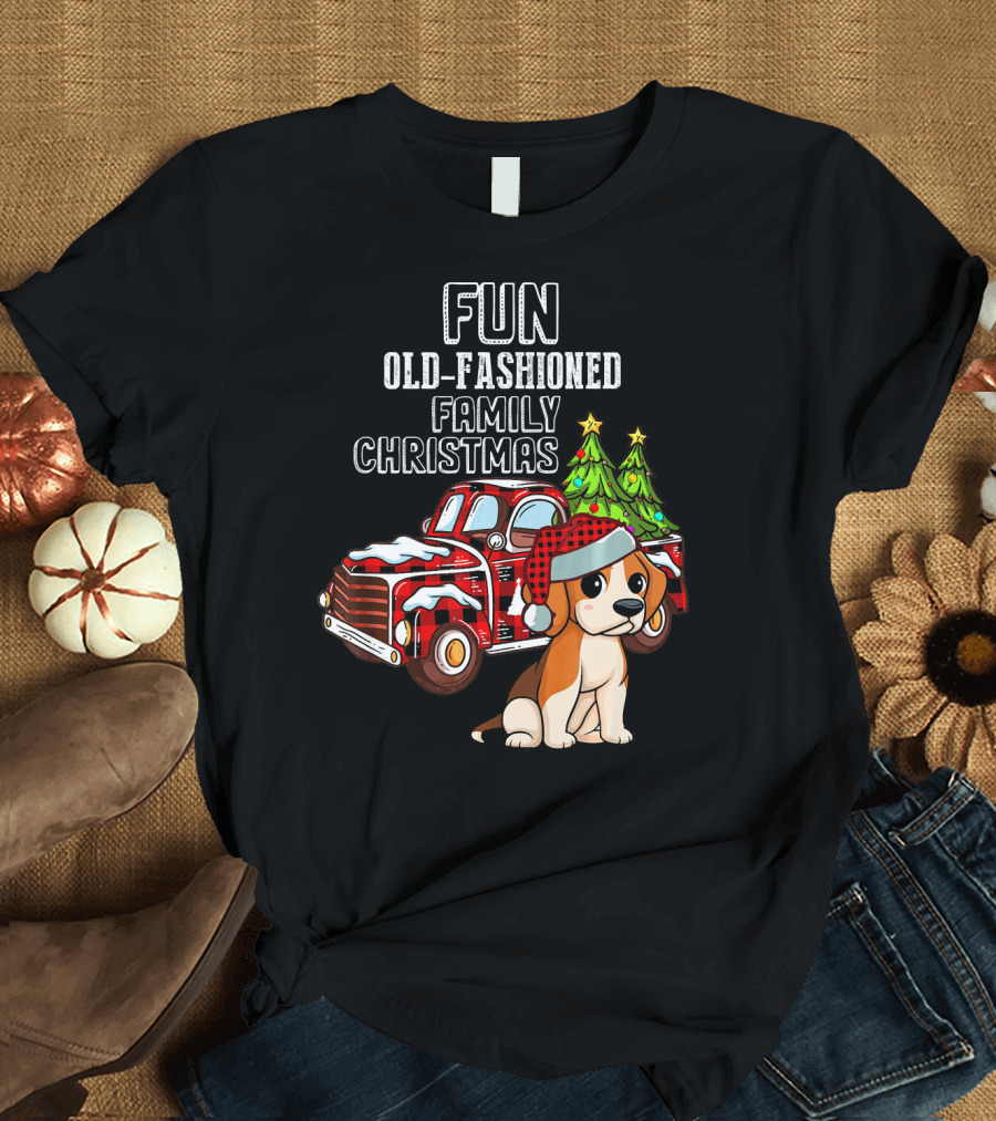 Fun Old-Fashioned Family Christmas Truck with Dog and Trees T-Shirt
