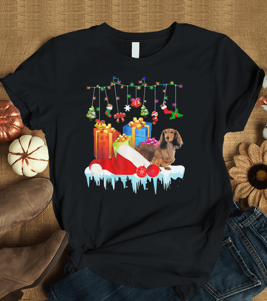 Dachshund with Christmas Santa Hat and Colorful Gift Boxes T-Shirt