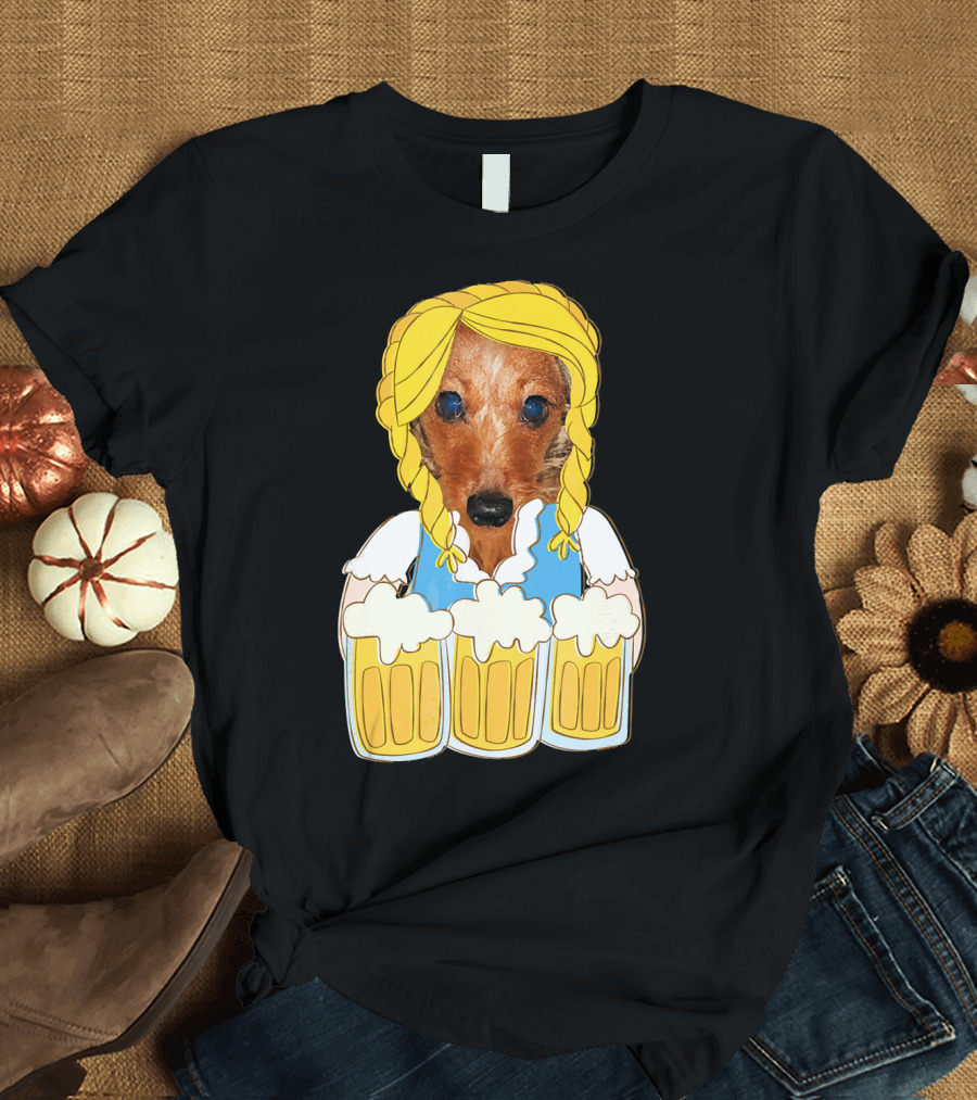 Oktoberfest Dachshund Dog with Beer Maiden Costume T-Shirt
