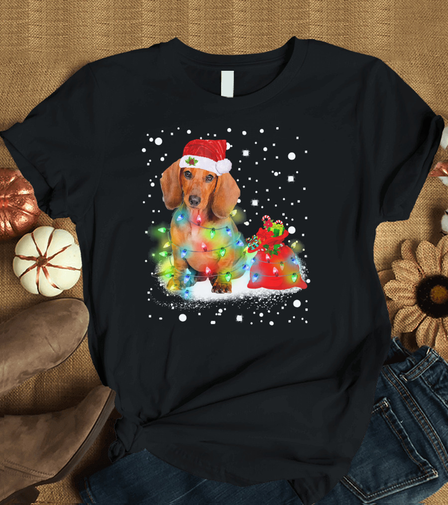 Santa Dachshund with Christmas Lights and Snowflakes T-Shirt