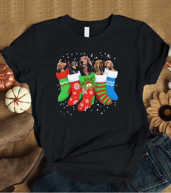 T-Shirt: Dachshund Christmas Stockings Puppies Holiday Cheer T-Shirt Dachshund Christmas Stockings Puppies Holiday Cheer T-Shirt